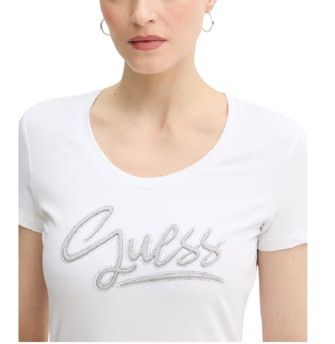 Guess - Playera ecológica de Manga Corta para Mujer, Blanco Puro, Small