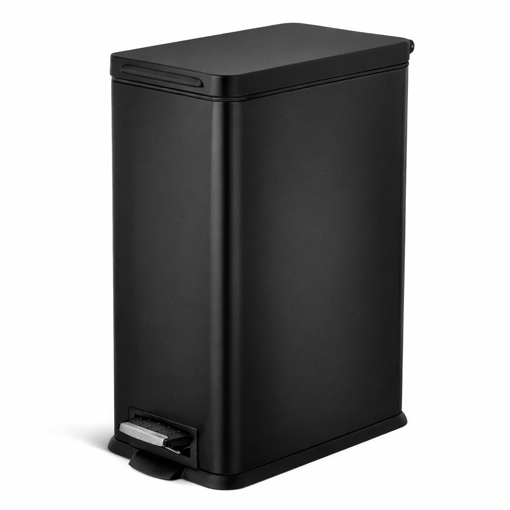 Home Zone Living Bote de Basura de Cocina Delgado de 8 Galones con Tapa de Cierre Suave, Pedal de Paso, Banda para Sujetar Bolsa y Forro Extraíble, Acero Inoxidable, Negro Mate, 30 Litros - Negro - - Único