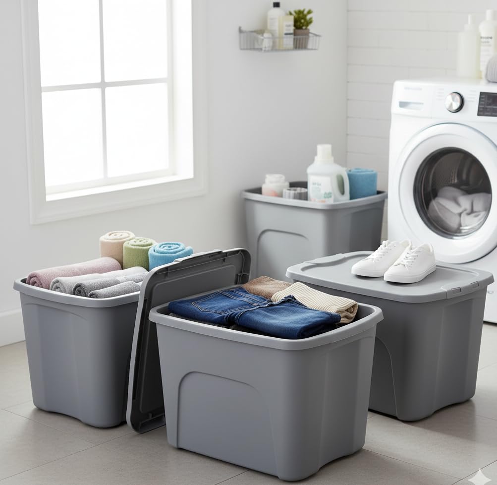Italhome 3 Cajas Organizadoras de Plástico color Gris, Contenedores Multiusos con Tapa para Almacenamiento Box 87 L
