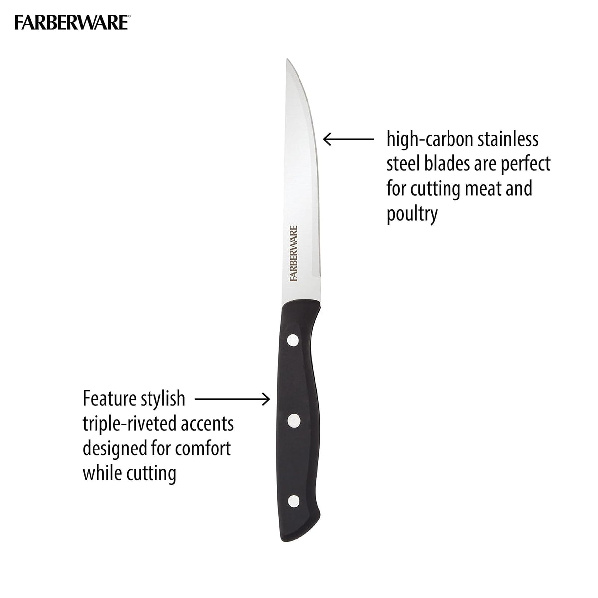 Farberware Juego de Cuchillos de Carne 6 Pzs | Acero inoxidable alto carbono, negro, 4.5 in, triple remachado, borde fino