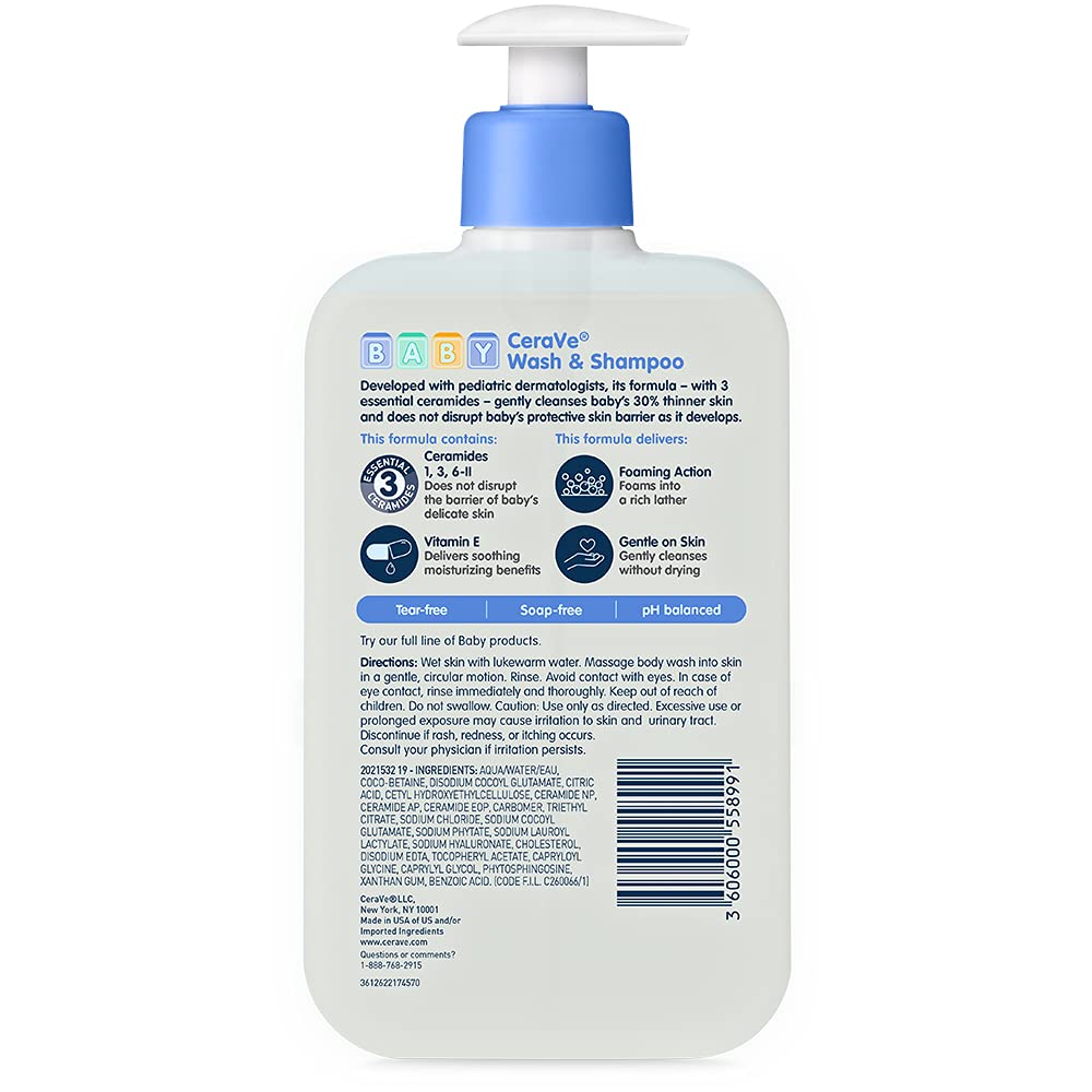 CeraVe Baby Wash Y Shampoo 16 Oz | Limpieza 2 en 1, Libre de Lágrimas, Sin Fragancia, Parabenos, Tintes, Ftalatos, Sulfatos, Con Vitamina E