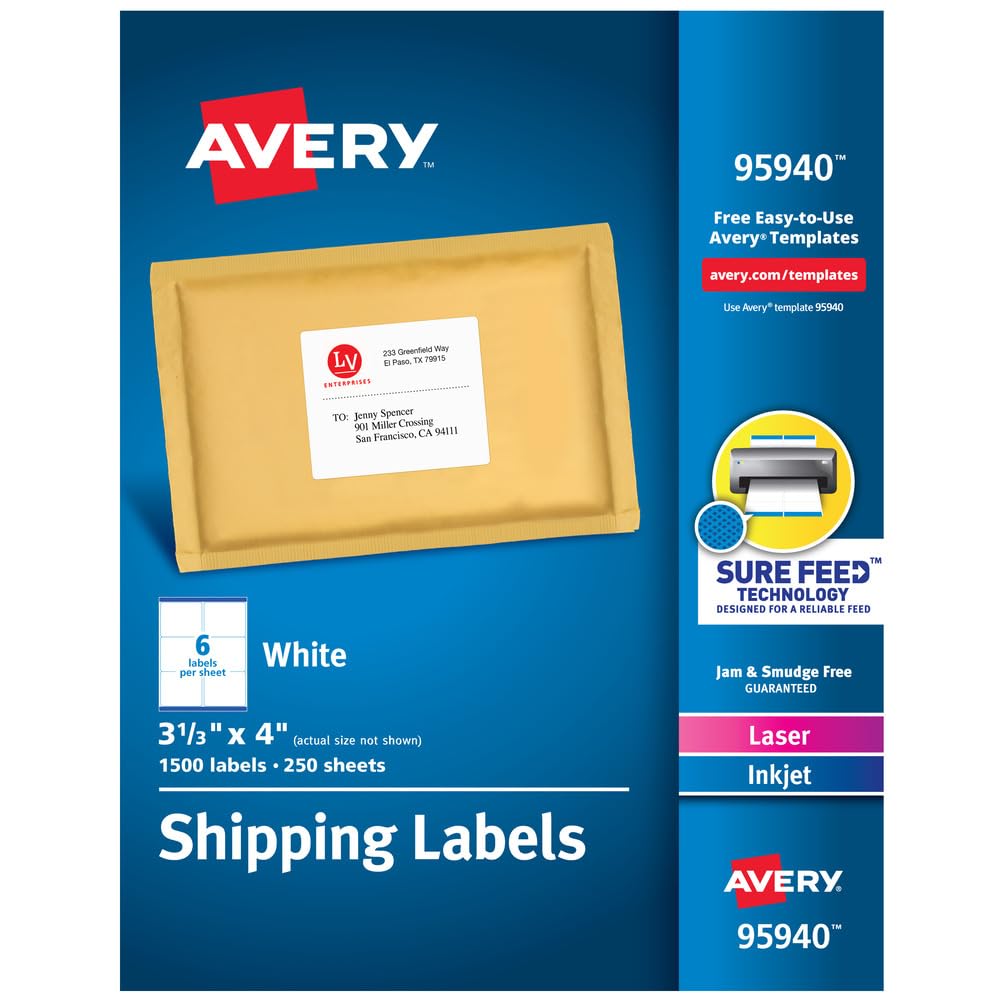 Avery Etiquetas de envío imprimibles con alimentación segura, 3-1/3 x 4 pulgadas, blancas, 1.500 etiquetas de correo en blanco (95940) - 1500 Labels