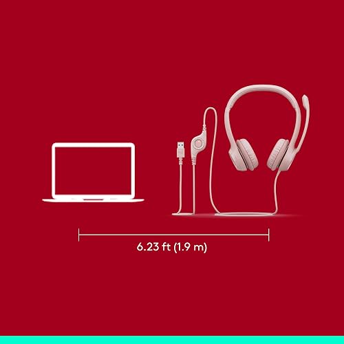Logitech H390 Headsets con Cable para PC/Laptop, Auriculares estéreo con micrófono y cancelación de Ruido, USB-A, Controles directos, Funciona con Chromebook - Rosa