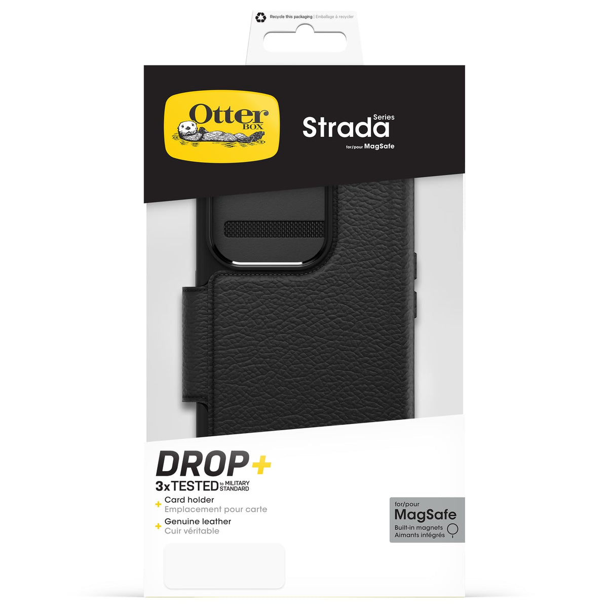 OtterBox - Funda Tipo portafolios para iPhone 15 Pro (Solo en inglés) Strada - Shadow (Negro), Soporte para Tarjetas, se Ajusta a MagSafe, Piel auténtica, fácil de Usar, Funda Tipo Folio