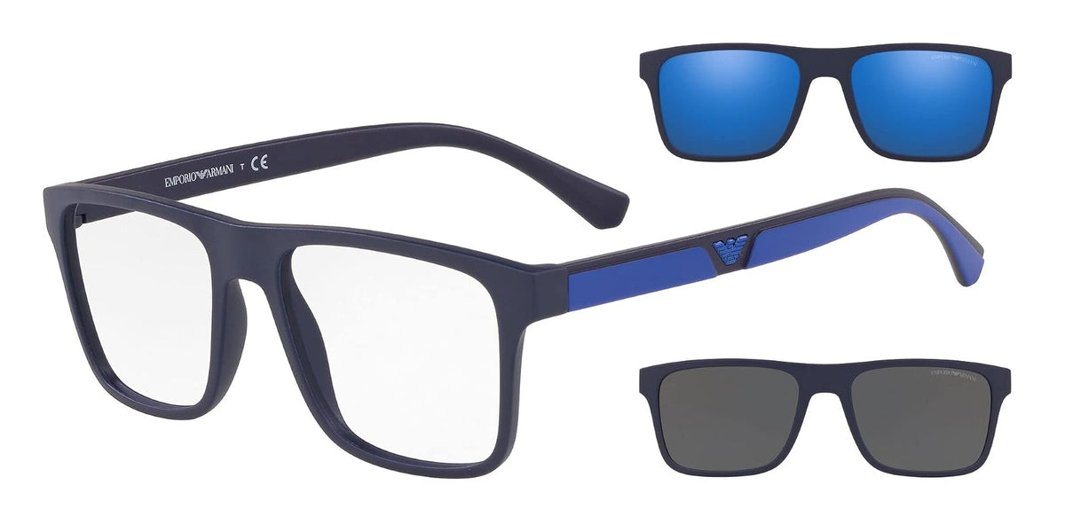 Emporio Armani Ea4115 - Marcos para anteojos graduadas para hombre con dos clips intercambiables rectangulares - Azul oscuro mate - transparente - gris - azul espejado - 54. Milímetros