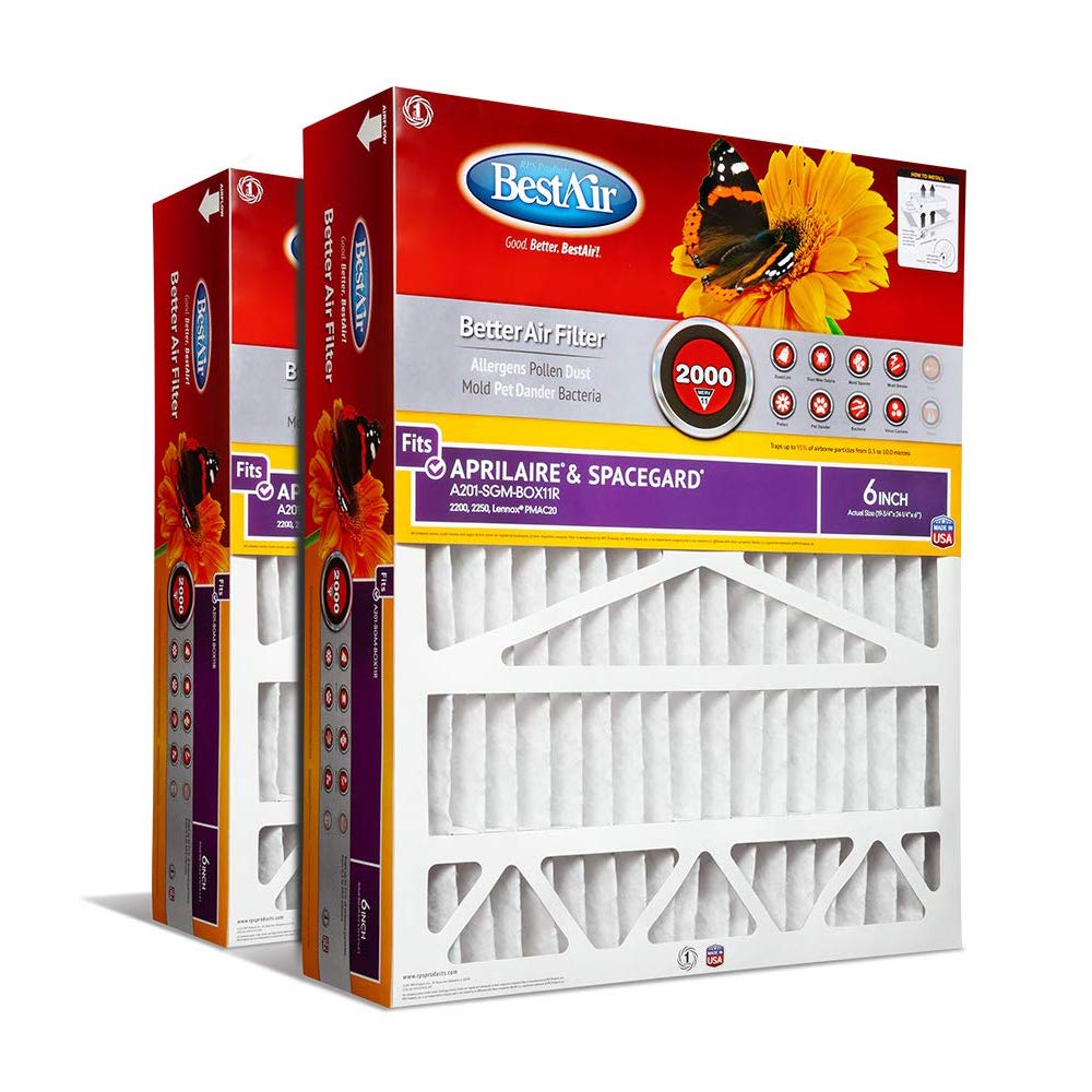 BestAir A201-SGM-BOX-11R Filtro de aire para horno de CA, 50,8 x 63,5 x 15,2 cm, MERV 11, con marco de cartón, se adapta al 100%, para Aprilaire/SpaceGard 2200, 2250 (201) y Lennox PMAC-20C 24" - Con marco de cartón - 20" x 25" x 6" - Paquete de 2