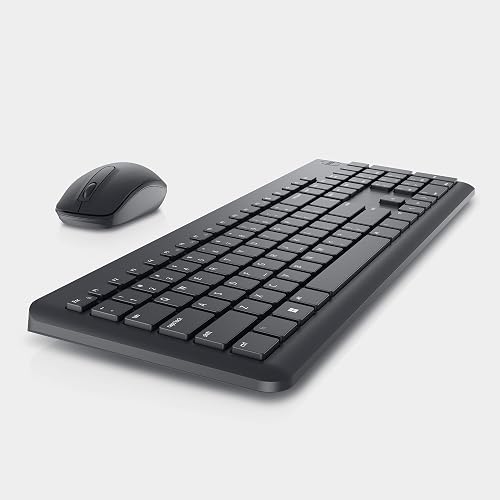 DELL Kit Teclado y Ratón inalámbricos con Receptor USB 2.4 GHz, Teclas funcionales y numéricas, Inclinación Ajustable, Óptico 1000dpi, Compatible con PC y Mac, Negro, Idioma Inglés