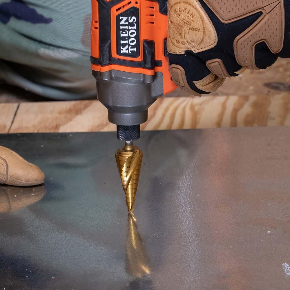Klein Tools 25963 Broca escalonada, de 1/4 a 3/4 pulgadas, espiral de doble vuelta, corta metal fino, plástico, aluminio, madera, vástago hexagonal de 1/4 pulgadas, VACO