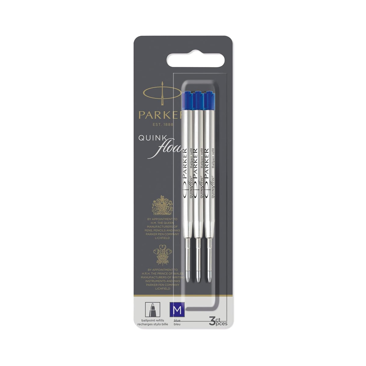 Parker QUINKflow - Recambios de tinta para bolígrafo, punta media, azul, 3 unidades
