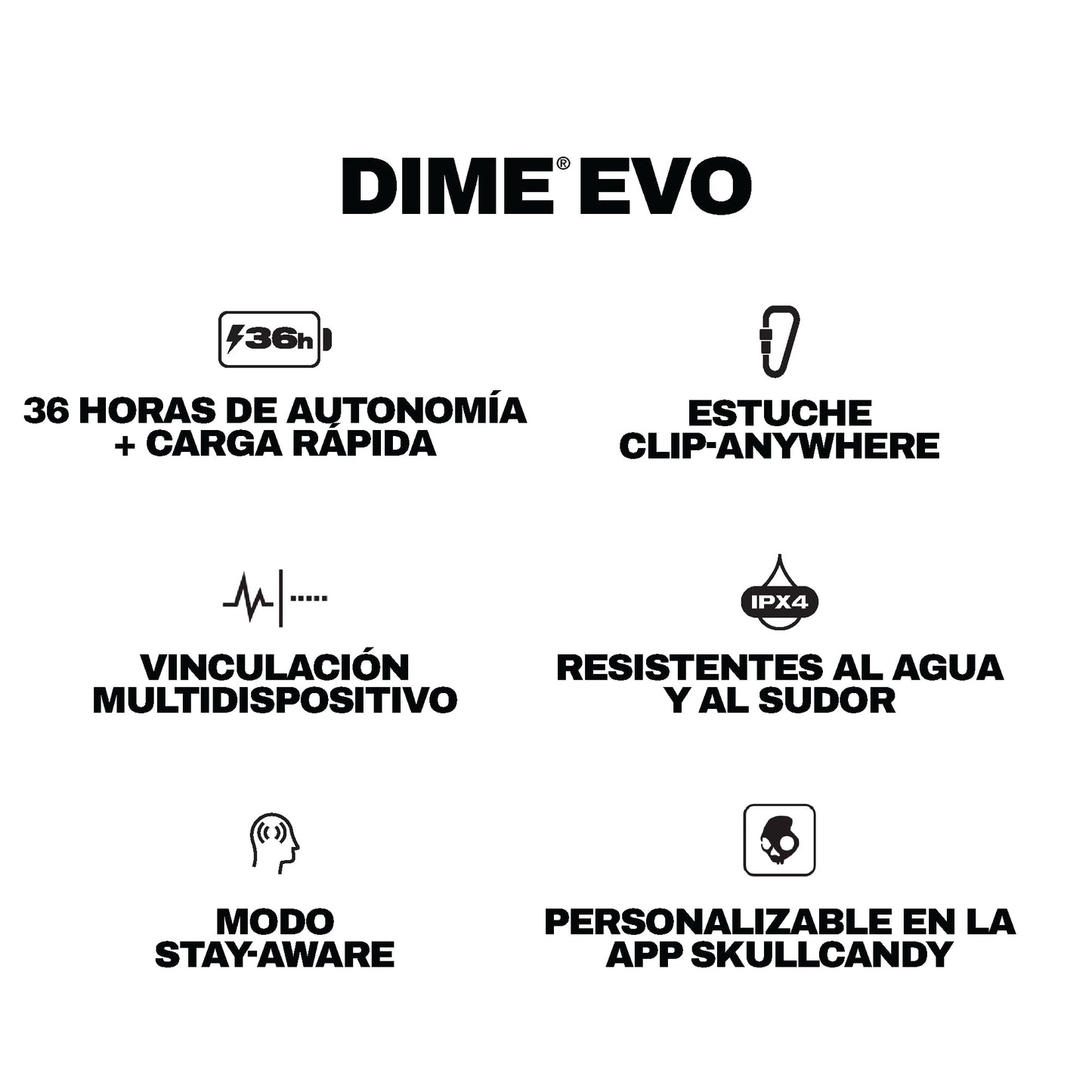 Skullcandy Dime EVO Auriculares In-Ear Inalámbricos, 36 h de Autonomía, Micrófono, Compatibles con iPhone Android y Dispositivos Bluetooth, Negro