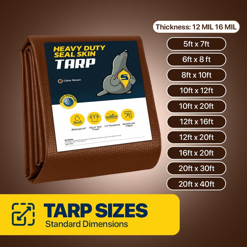 Seal Skin Covers Lona Impermeable Reforzada de 16x20 Pies, 12 Mil, 8 OZ, 120 gsm de Espesor, Color Marrón, con Ojales Antióxido, Cubierta Resistente a Desgarros con Bordes Reforzados para Camping