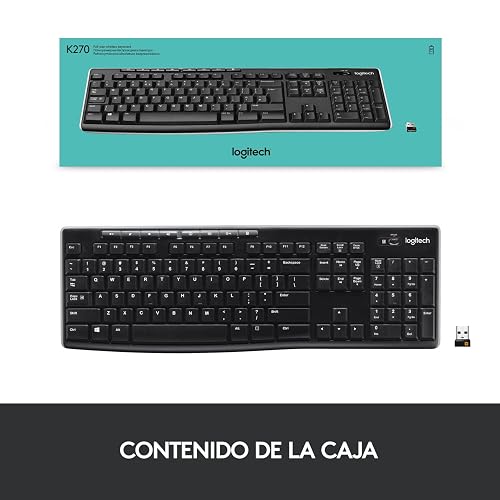 Logitech K270 Teclado Inalámbrico para Windows, Tecnología Inalámbrica 2.4 GHz, Tamaño Normal, Teclado Numérico, 8 Teclas Multimedia, Batería 2 Años, Compatible con PC, Laptop - Negro