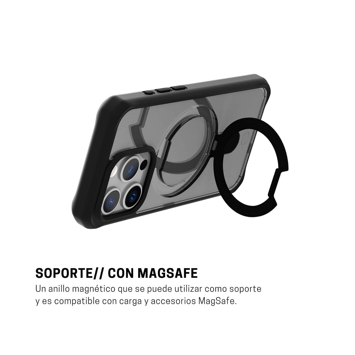ItSkins Hybrid R Stand Funda con MagSafe Compatible con iPhone 15 Pro MAX, Protección Caídas 3m, Soporte Plegable, Tecnología Antimicrobiana - Negro/Transparente
