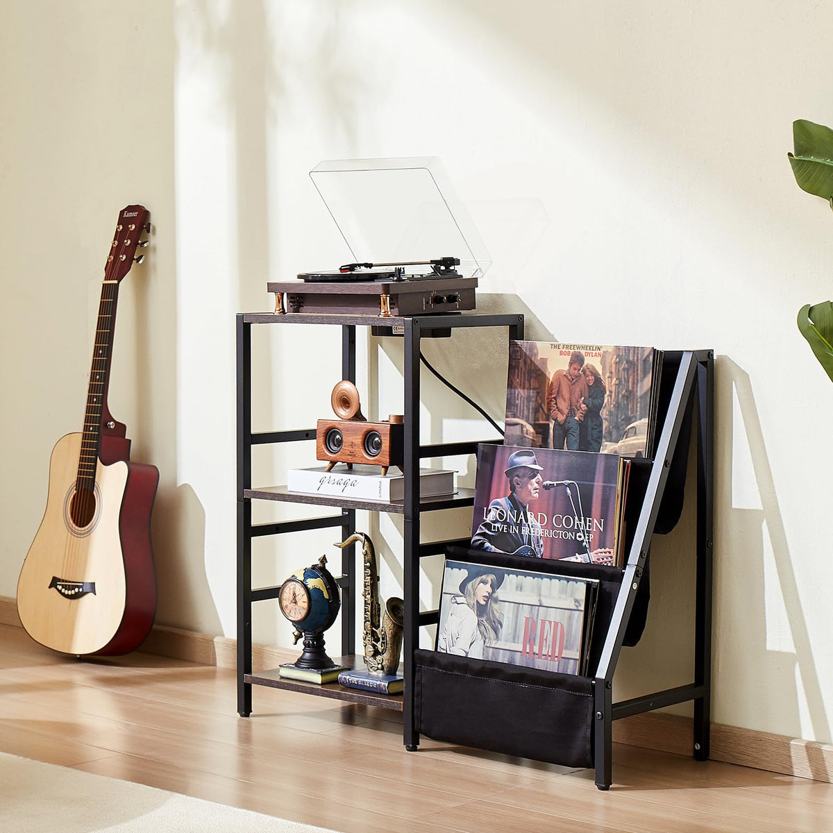 VEVOR - Soporte para Reproductor de Discos con estación de Carga y Puertos USB, Capacidad para hasta 200 álbumes, Soporte Giratorio de 3 Niveles con Almacenamiento de Discos de Vinilo, Mesa de