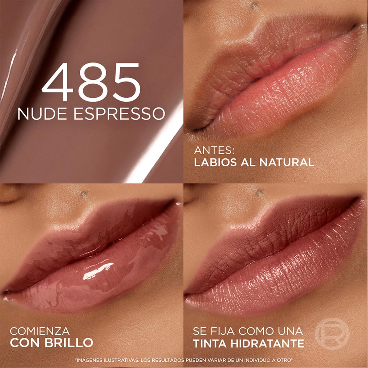 L'Oréal Paris, tinta sérum para labios Hyaluron Tint, tono 485 Nude Espresso, para hidratación instantánea, color duradero y sensación ligera