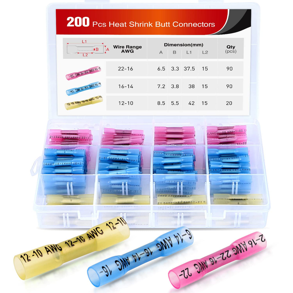 Nilight 200PCS Heat Shrink Butt Connectors - Waterproof Wire Connectors - Automotive Marine Grade Electrical Terminals - Crimp Butt Splice Terminal Kit,2 Years - 200 conectores termoencogibles