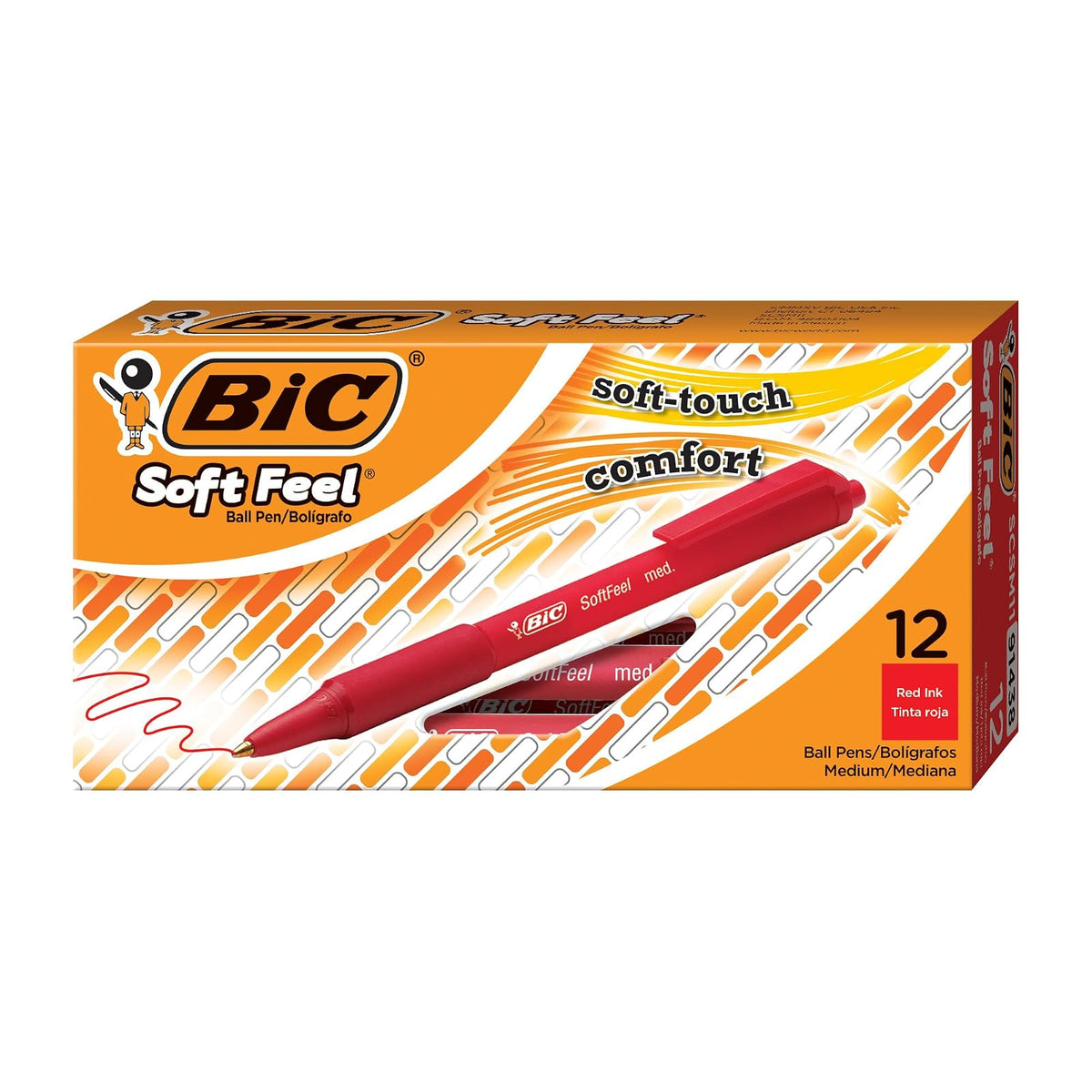 BIC Bolígrafos Retráctiles de Tacto Suave Punta Media Colores Surtidos - 12 unidades - Rojo -