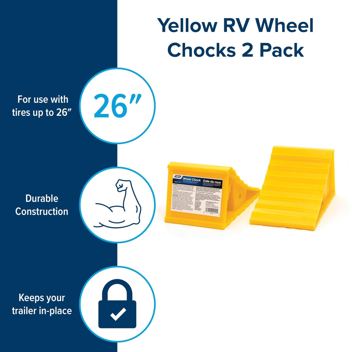 Camco 44432 Calzo para Rueda sin Cuerda, Cuñas para Rueda, Amarillo, Paquete de 2