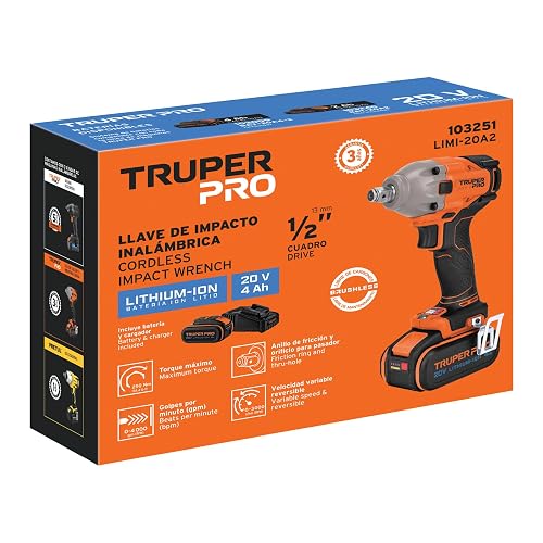 Truper PRO LIMI-20A2, Llave impacto inalámbrica 1/2" 20 V brushless con 1 batería de 4 Ah y 1 cargador
