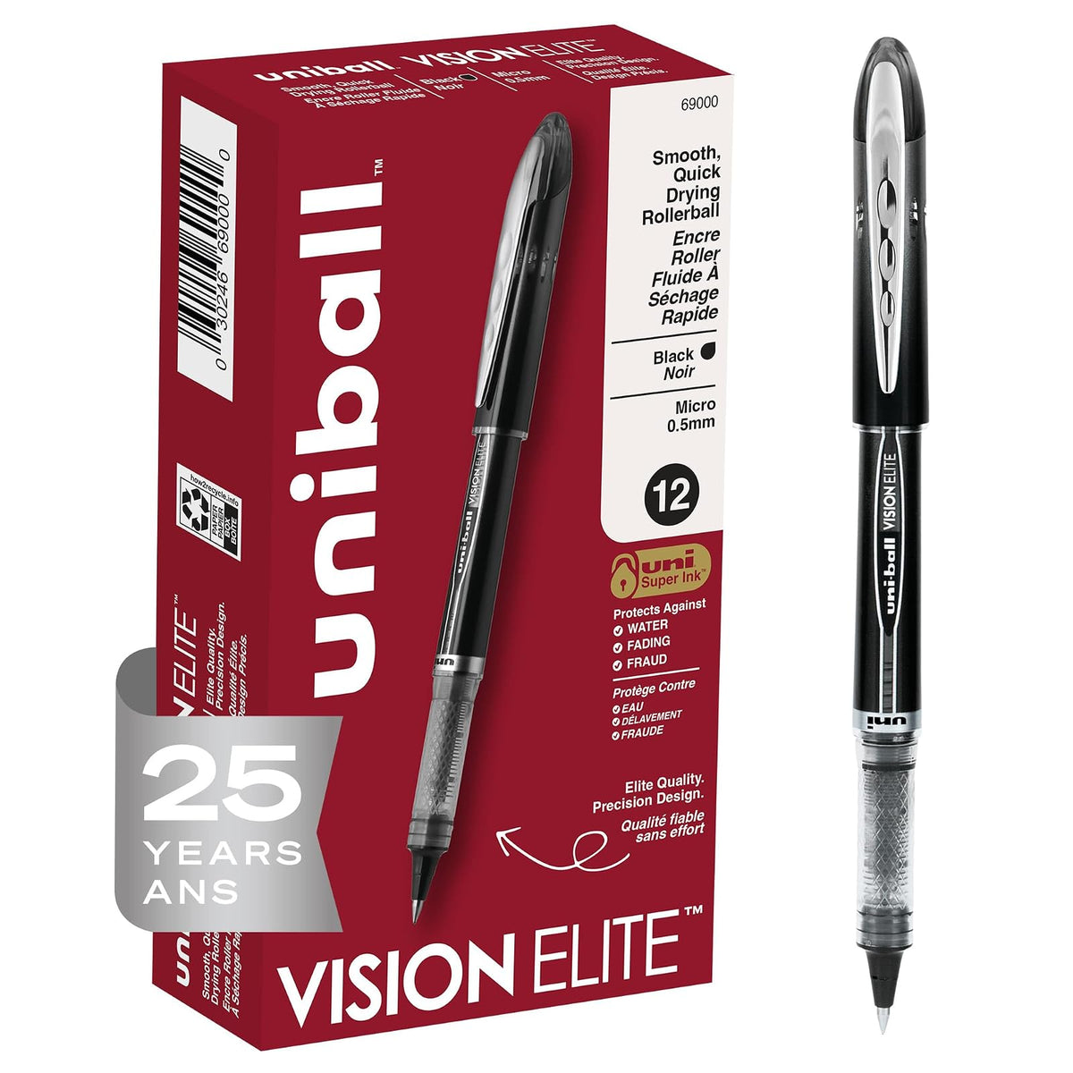 Uni-Ball Vision Elite Bolígrafo Roller, Punta Micro 0.5 mm, Colores Variados - Tinta negra