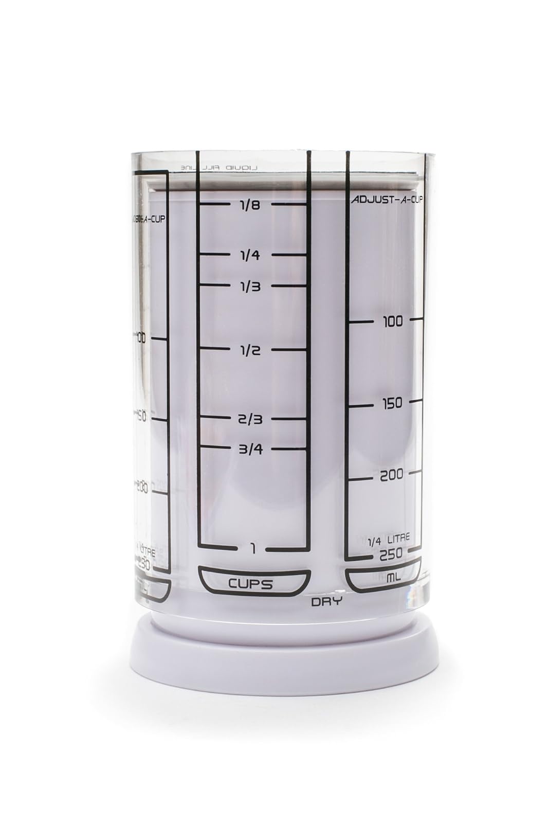 KitchenArt Taza Medidora Ajustable de 2 Tazas, Color Blanco | Taza medidora de émbolo | Mide entre 1/8 taza y 1 taza | Incluye conversiones | Gadget de cocina | Mide sólidos y líquidos