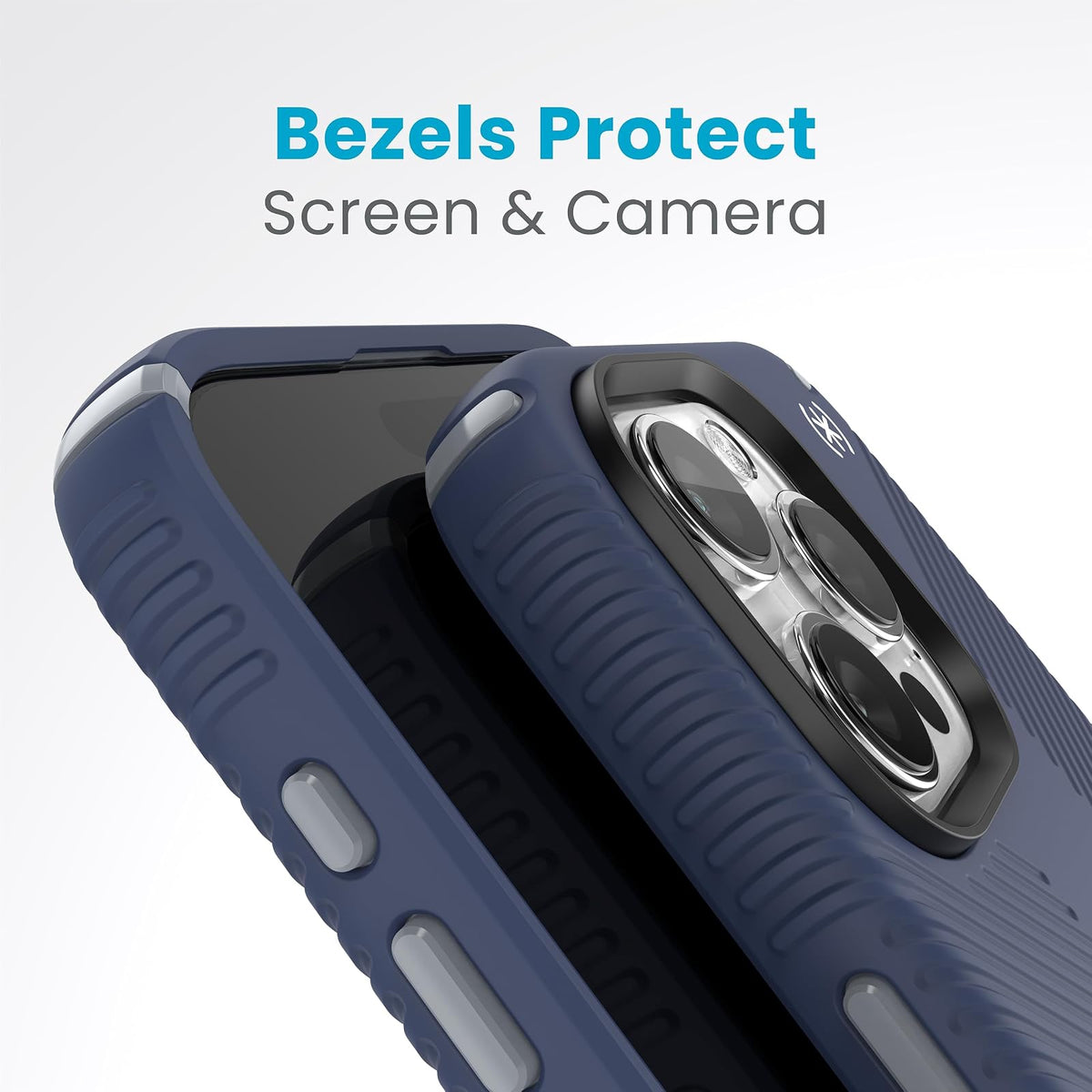 Speck - Funda para iPhone 15 Pro Max - ClickLock - Bloqueo antideslizante, construido para MagSafe, agarre de protección contra caídas, resistente a los arañazos, tacto suave, funda para teléfono de 6.7 pulgadas, agarre Presidio2 azul costero/gris polvo/b