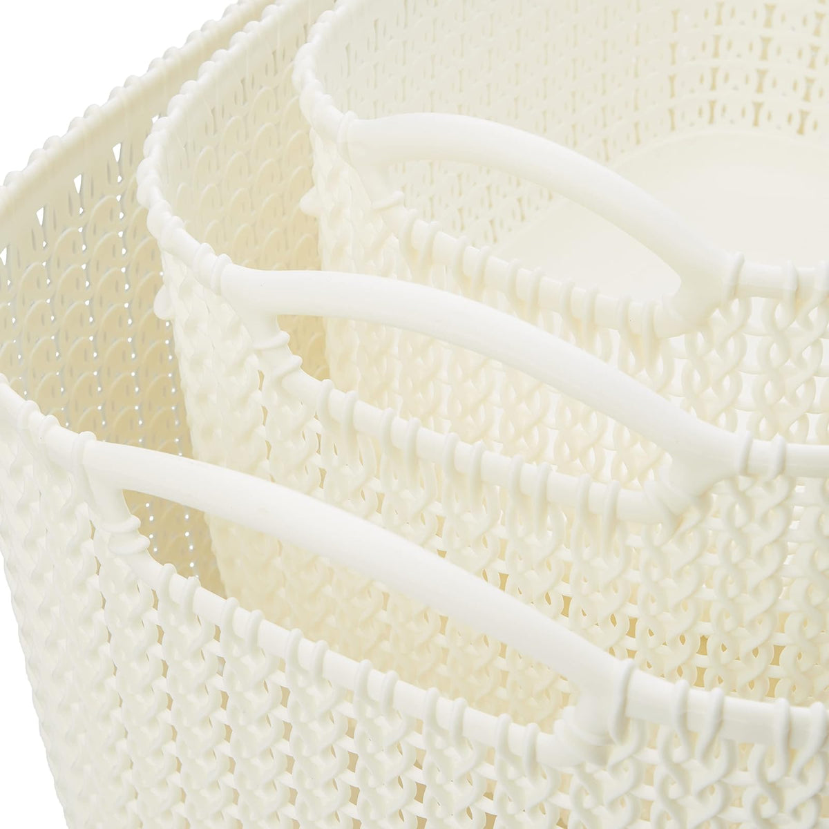 Curver - Set de 3 Canastas Knit, Juego de 3 Cestas De Plástico Estilo Ratán, L + S + XS, Organizadoras, Multiusos, Blanco Oasis