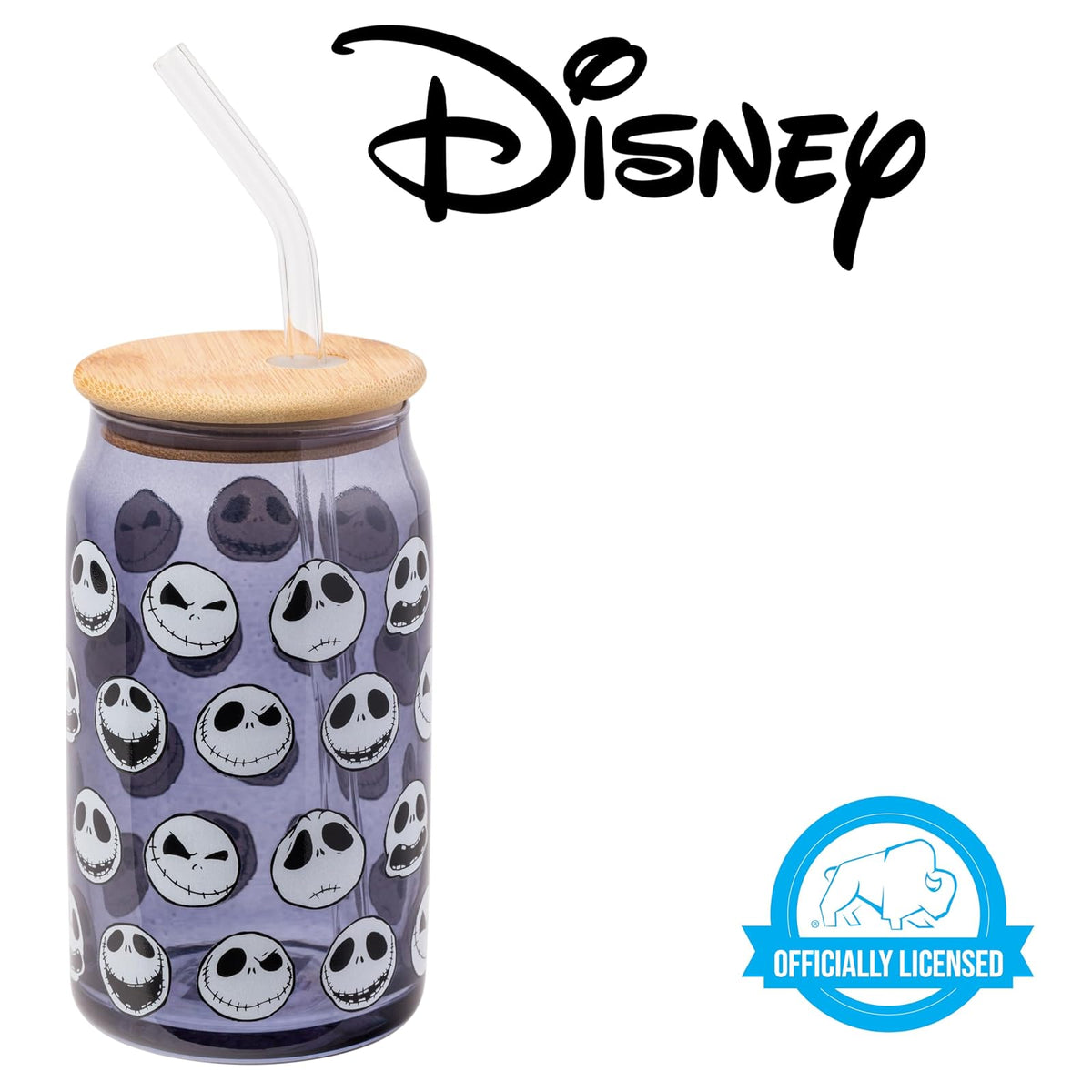 Silver Buffalo Disney Tim Burton Nightmare Before Christmas Jack Skellington Expressions - Vaso de vidrio gris con tapa de bambú y popote de vidrio, 16 onzas