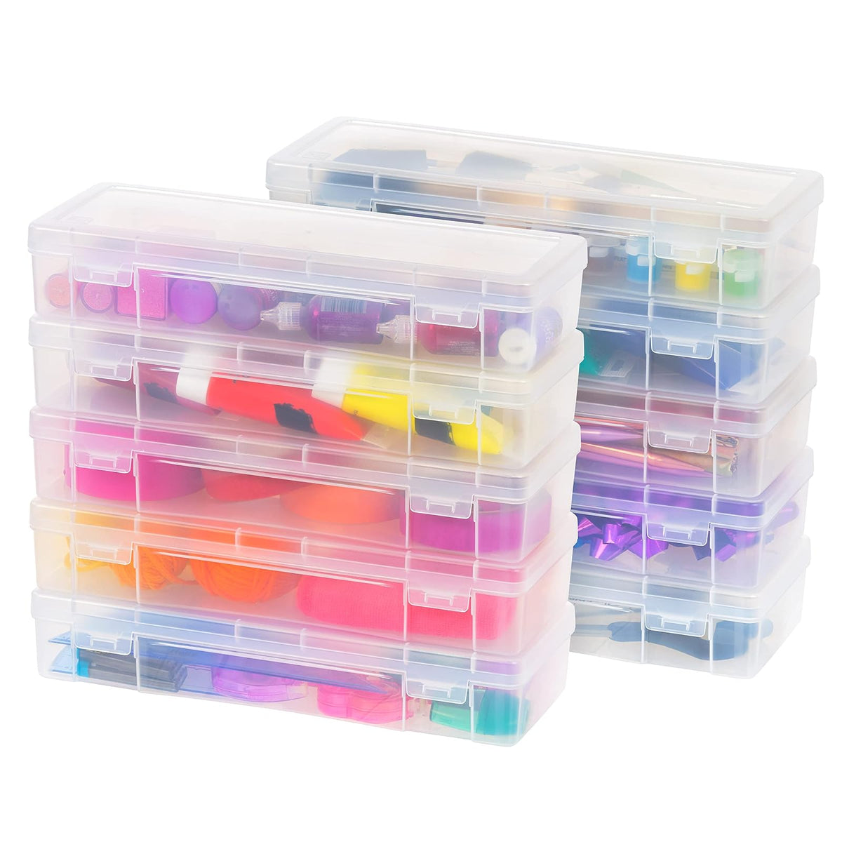 Iris USA Caja de Almacenamiento de Plástico Grande para Organizar Suministros de Manualidades y Hobby con Cierre de Enganche Hermético, Paquete de 10, para Listones Pegatinas y Adornos, Transparente - Grande - Paquete de 10