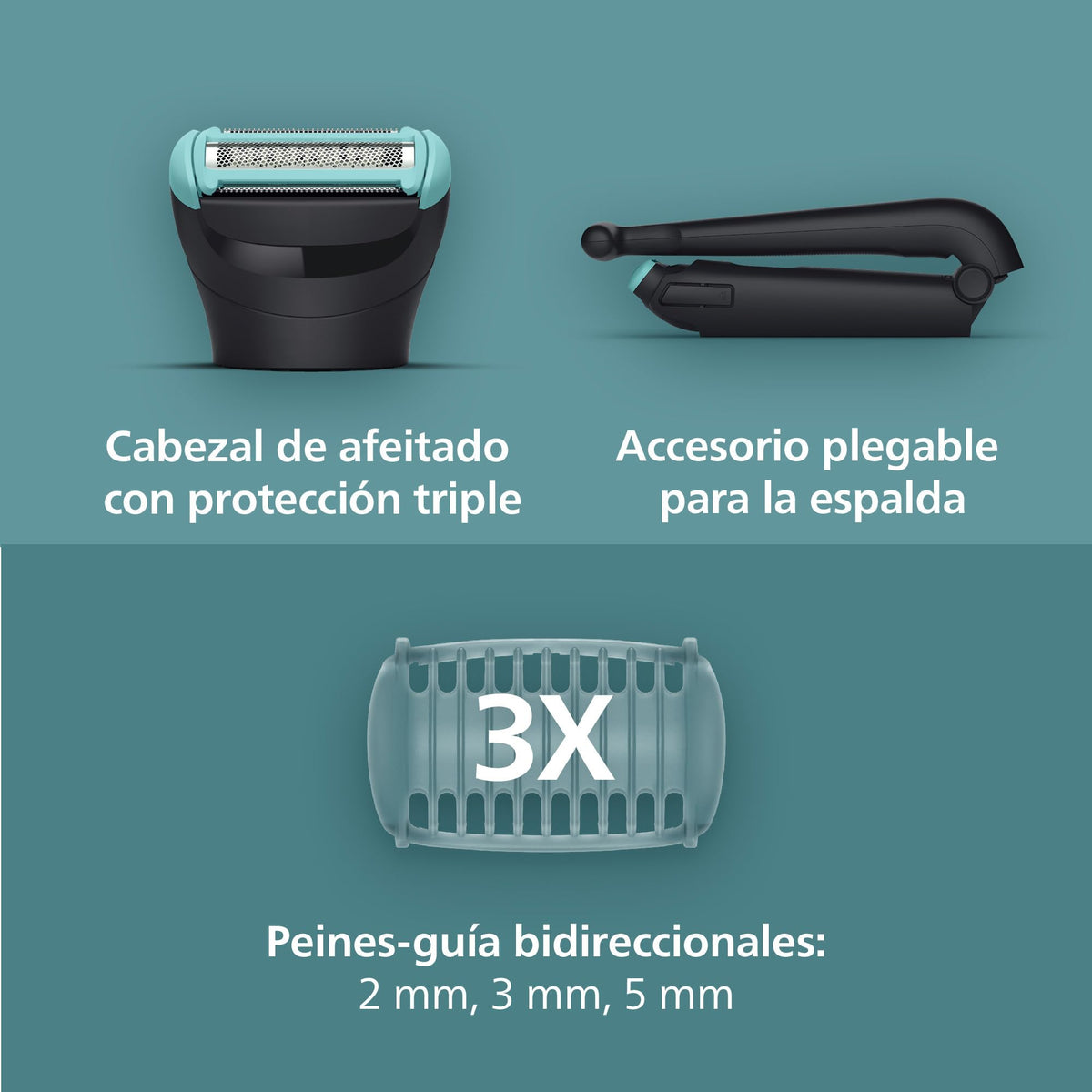 Philips Bodygroom series 5000, Afeitadora corporal, íntimo y delicado con la piel,Sistema de afeitado Triple Protect, Accesorio para la espalda, Peines recortadores de 2, 3 y 5 mm, negro BG5480/15