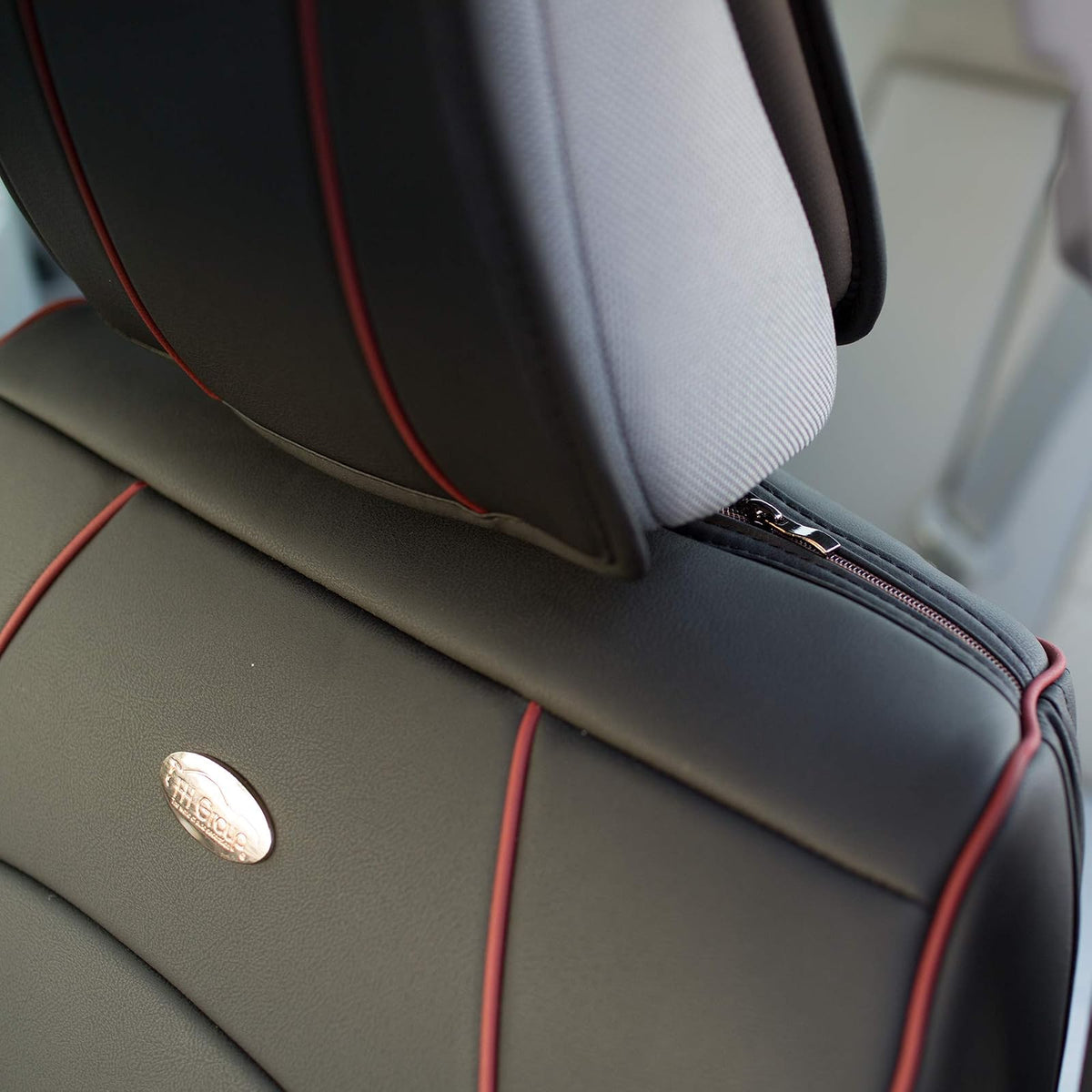 FH Group Ultra Cómodo Cojines de Cuero sintético para Asiento Delantero (Compatible con Bolsa de Aire), Black Red Trim-Bench