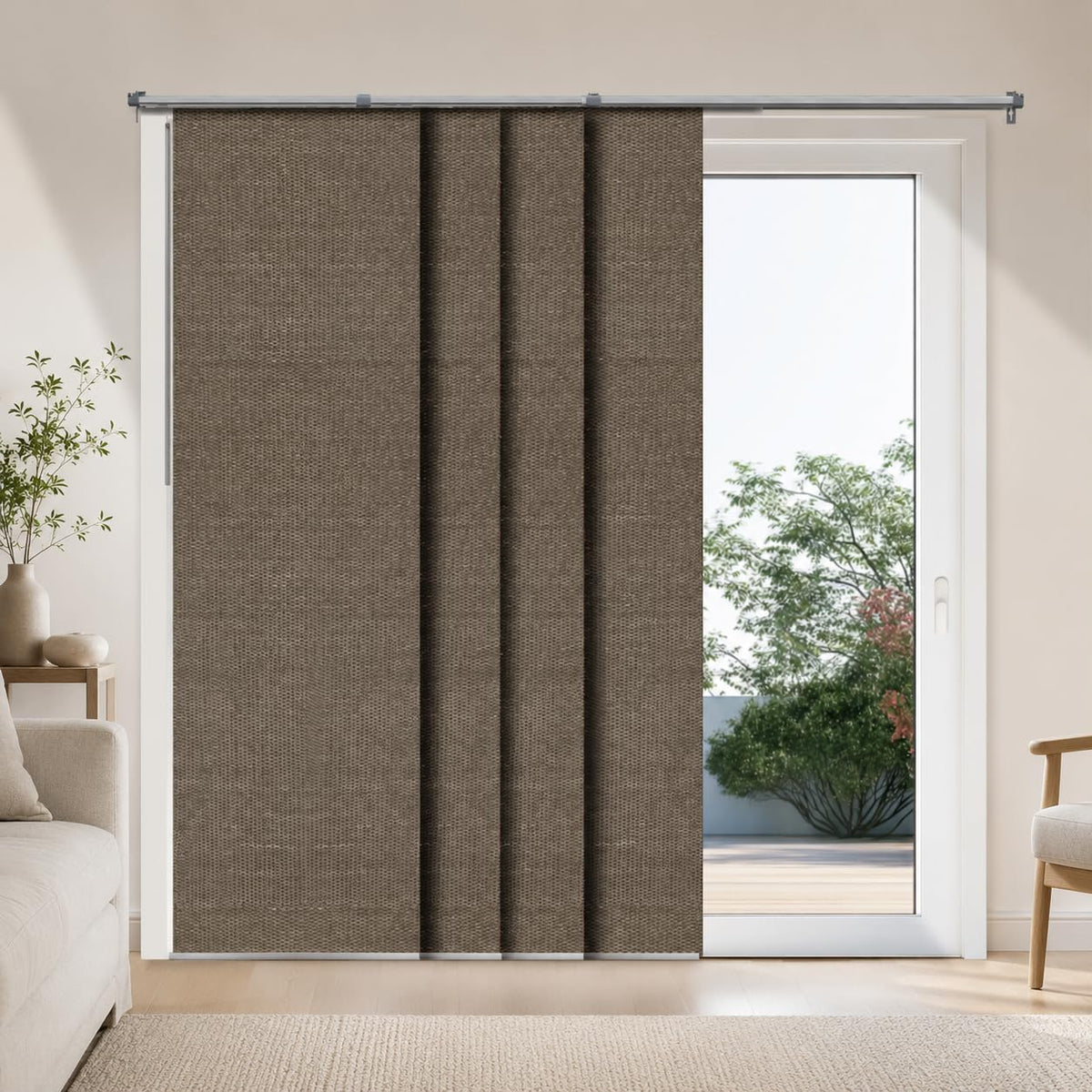 Chicology Persiana Vertical Divisora de Habitación, Tejido Natural - Adjustable Track Width X 96"H - Tejido trufa (tejido natural).