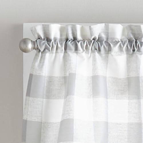 Curtain Works Country - Cortinas rústicas Modernas para Cocina, diseño de búfalo a Cuadros y Cenefa de café, Juego de 3 Piezas, 36 Pulgadas, Color Gris Blanco