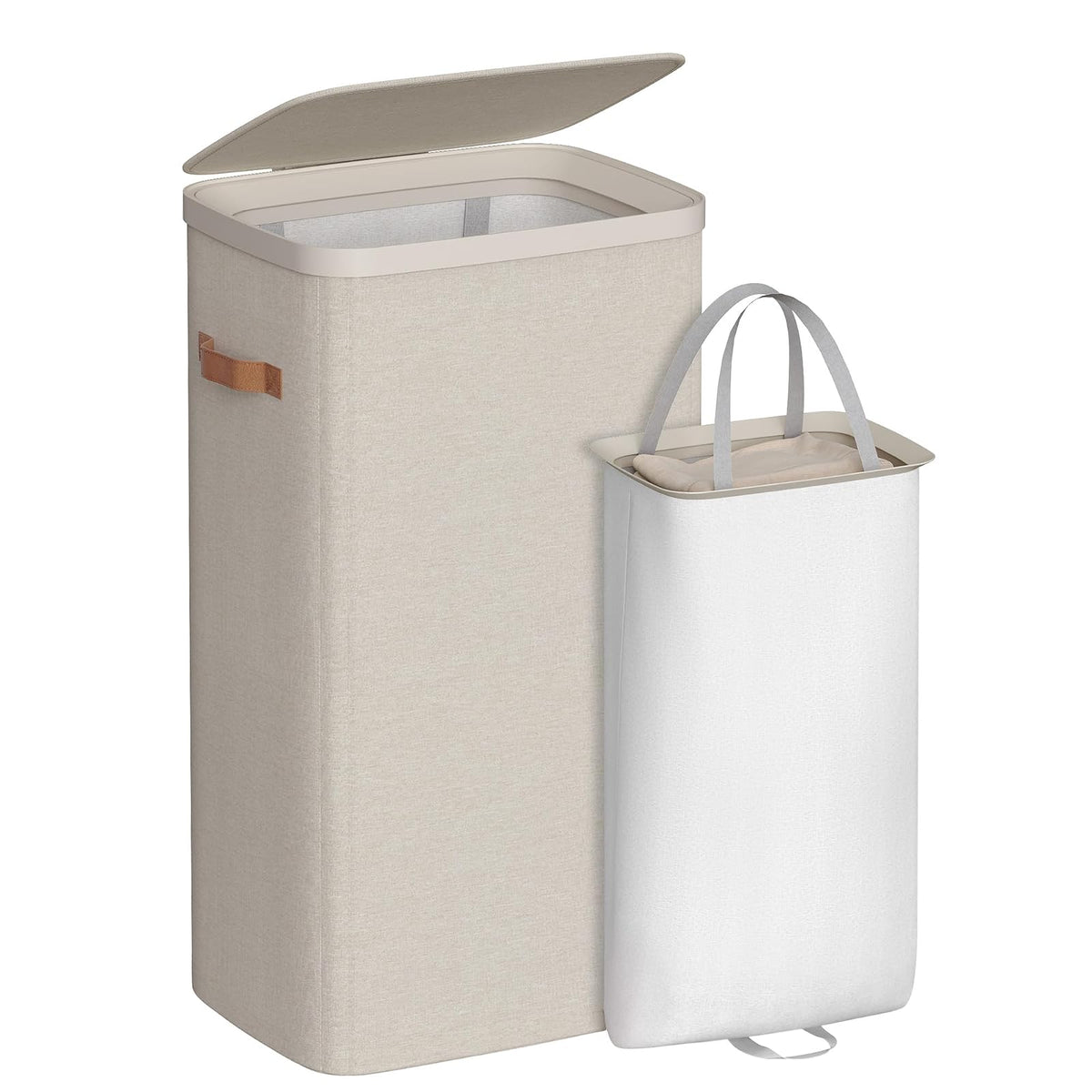 SONGMICS Cesto para la Ropa Sucia de 100 L, Bolsa de Basura, Bolsa Extraíble, Fácil Montaje, con Asas, 42 x 32 x 75 cm, Beige Capuchino MLCB811LH01 - Beige Capuchino