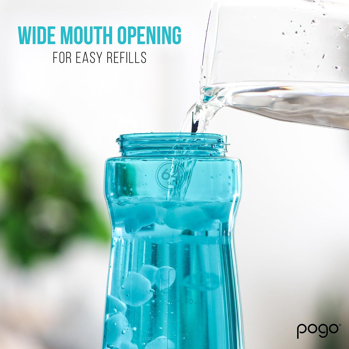 Pogo - Botella de agua de plástico de 64 onzas con tapa a prueba de fugas y asa de transporte, reutilizable, sin BPA, marcas de capacidad, apta para lavaplatos, perfecta para viajes, escuela, al aire