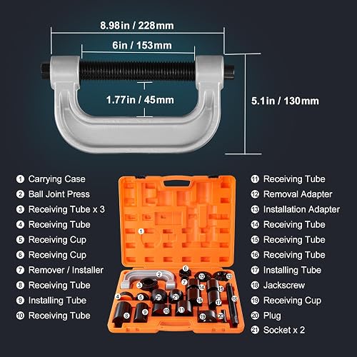 VEVOR - Kit de Prensa de rótula de 23 Piezas, Kit de Herramientas, Herramientas de extracción e instalación de rótula de Prensa C, para la mayoría de Automóviles de 2 WD y 4 WD, Incluyendo enchufes de