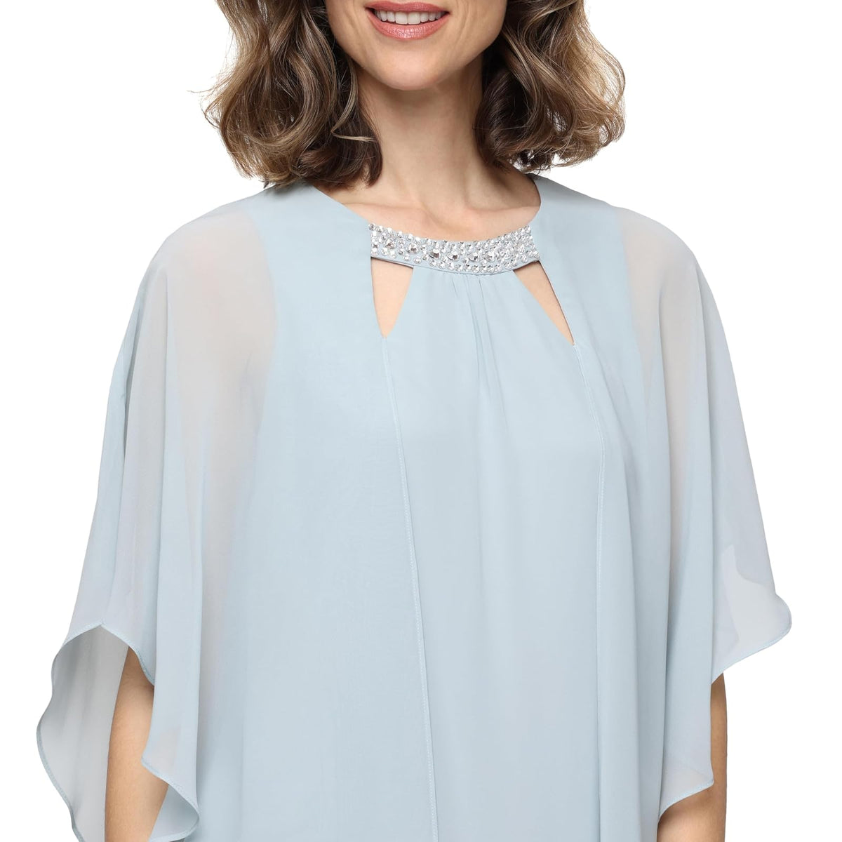 S.L. Fashions Capelet Cascade Sleeve Dress with Beaded Cutout Neckline, Special Occasion Dress Vestido para Madre de la Novia Mujer