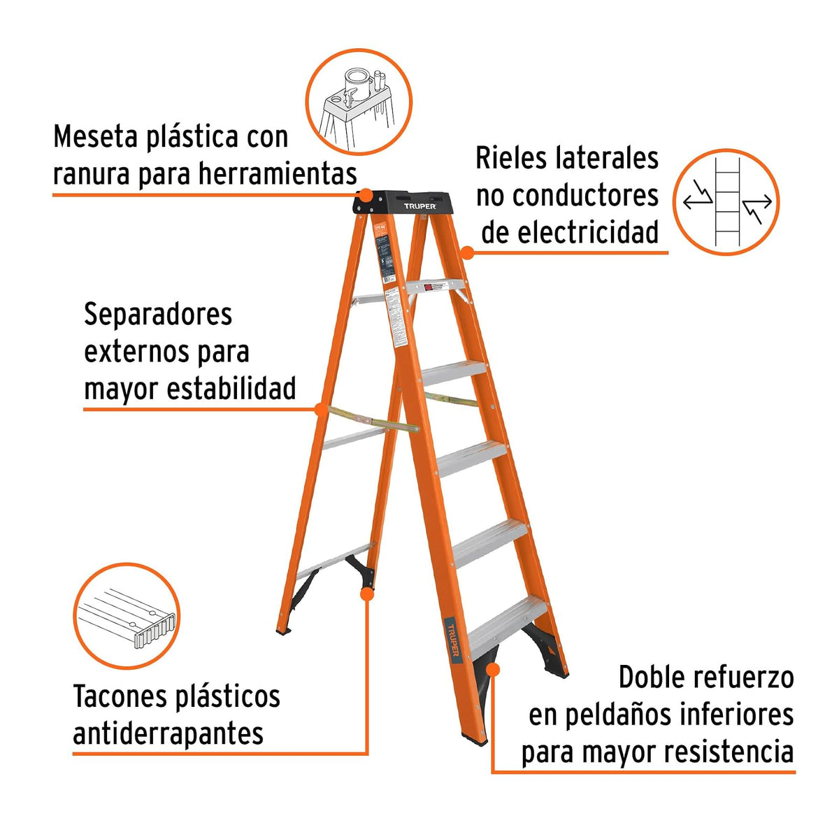 Truper EST-25FV, Escalera de Tijera 5 peldaños Tipo ll Fibra de Vidrio