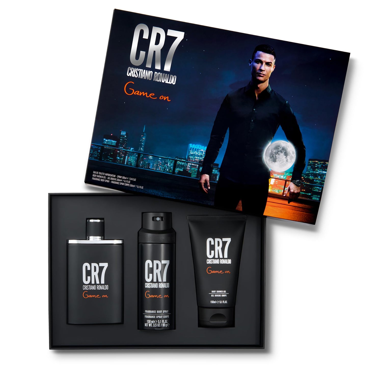 Cristiano Ronaldo CR7 Game On Set de Regalo - Colonia Deportiva y Audaz para Hombres con Notas Amaderadas - Spray Corporal y Gel de Ducha - 3 pz