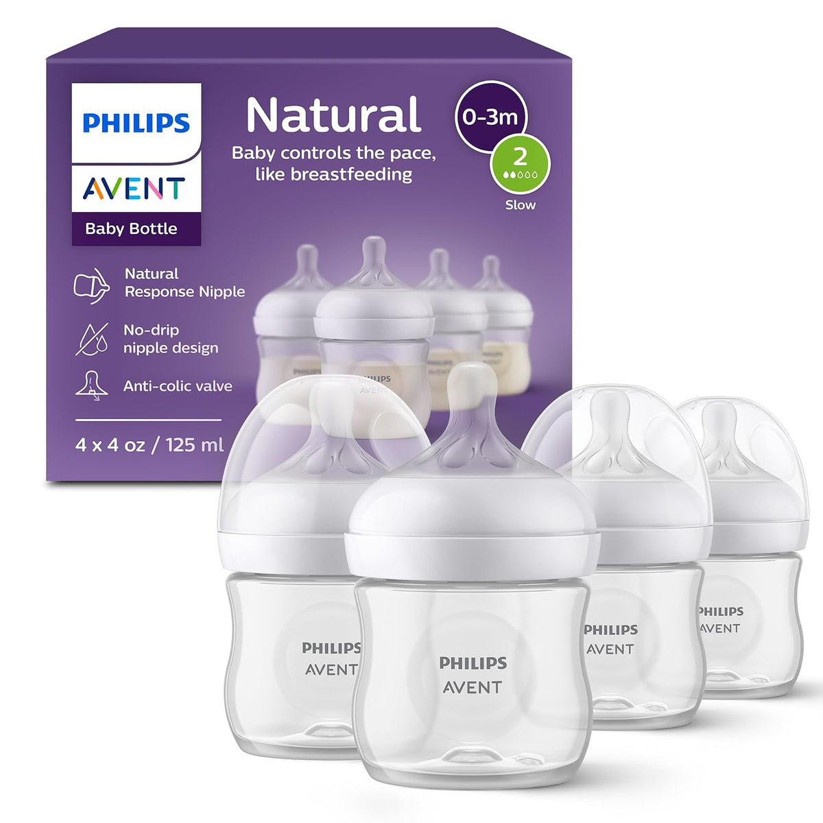 Philips Avent Biberón Natural Response, Flujo Lento, 4 Oz - Transparente - 4 Fl Oz (Pack of 4) - 4 onzas (paquete de 4) - 4 onzas
