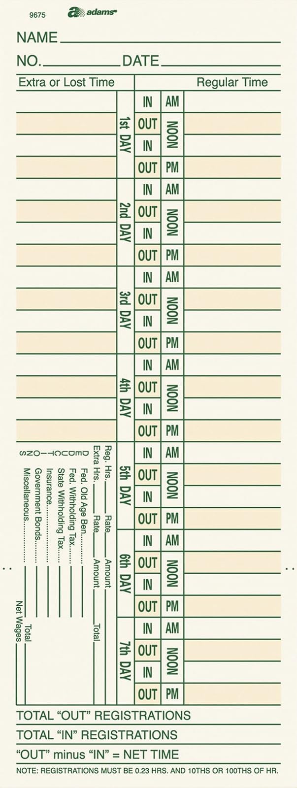 Adams Tarjetas de Tiempo Bi-semanales, 2 Caras, 3-3/8" x 9", Manila, Impresión Verde/Rojo, 200 Unidades