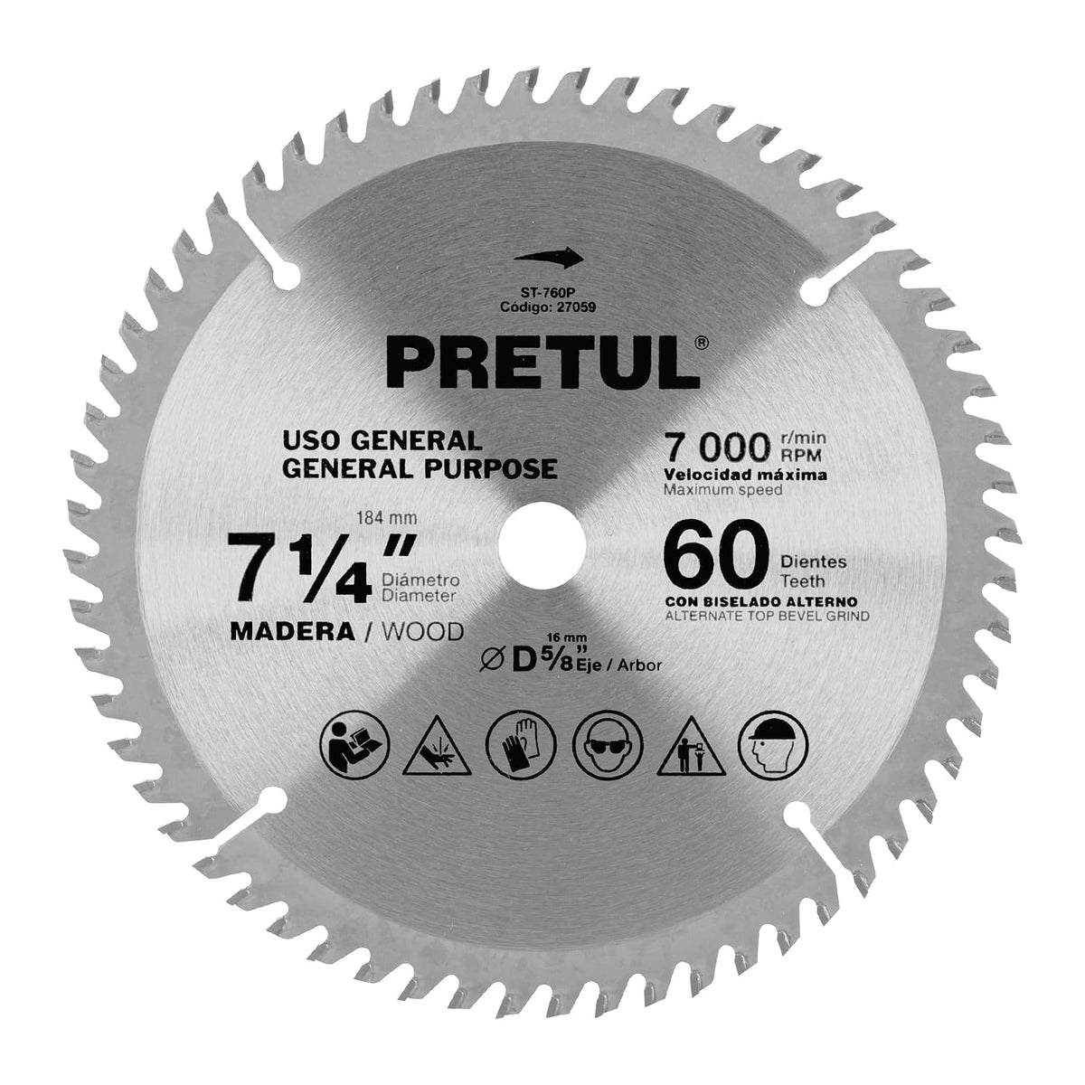 Pretul ST-760P, Disco sierra 7-1/4" para madera 60 dientes centro 5/8" - 60 dpp