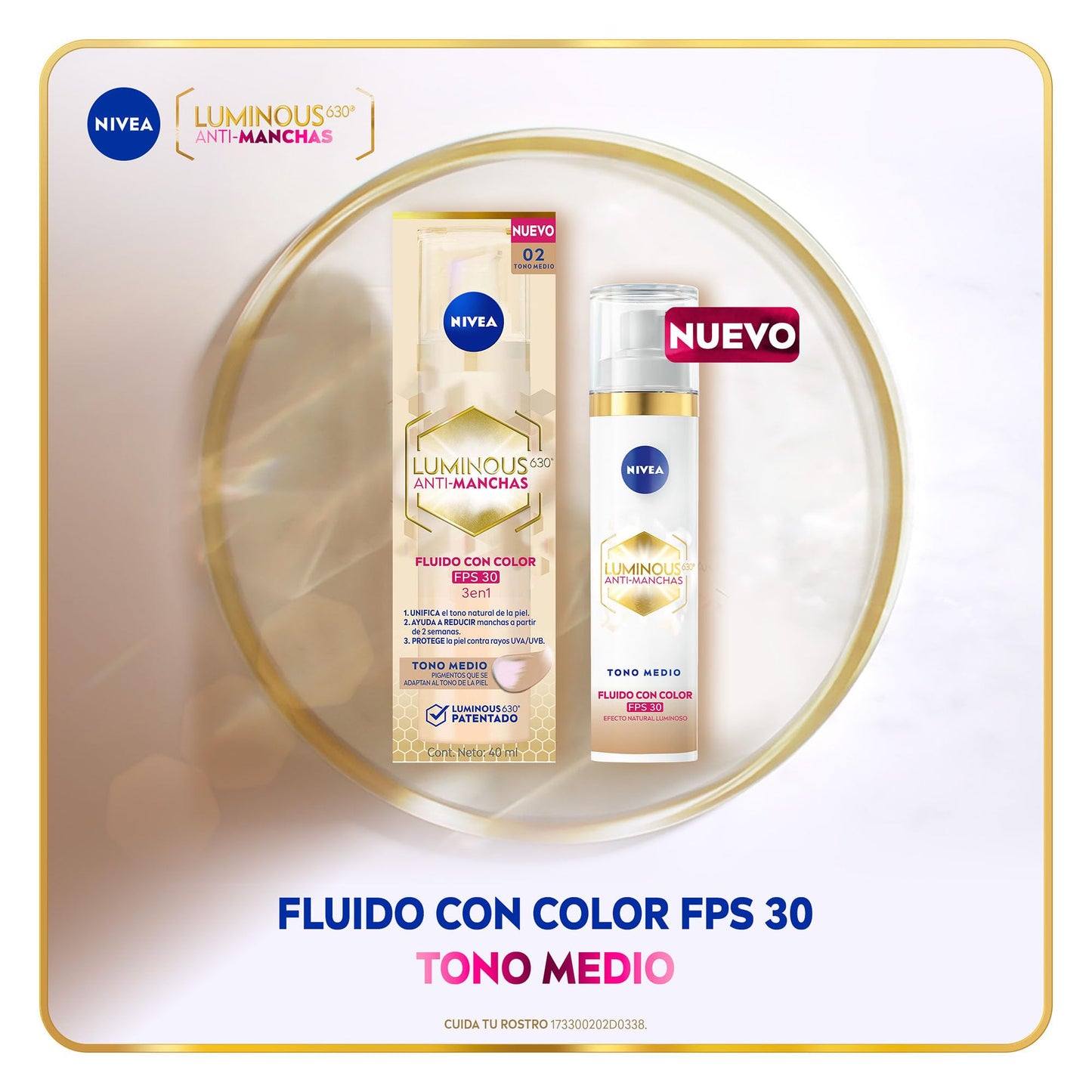 NIVEA Luminous 630 Fluido con Color 3 en 1 Tono Medio (40 ml) - Enriquecido con Ácido Hialurónico y Vitamina E para una Piel Luminosa sin Manchas por Edad, Solares u Hormonales