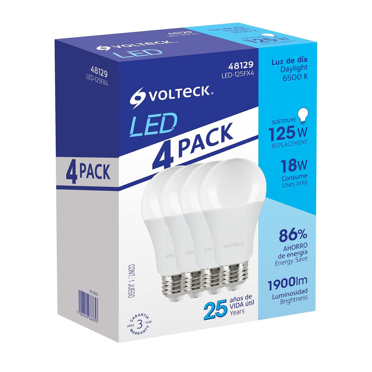 Volteck LED-125FX4, Pack de 4 lámparas de LED A19 18 W luz de día