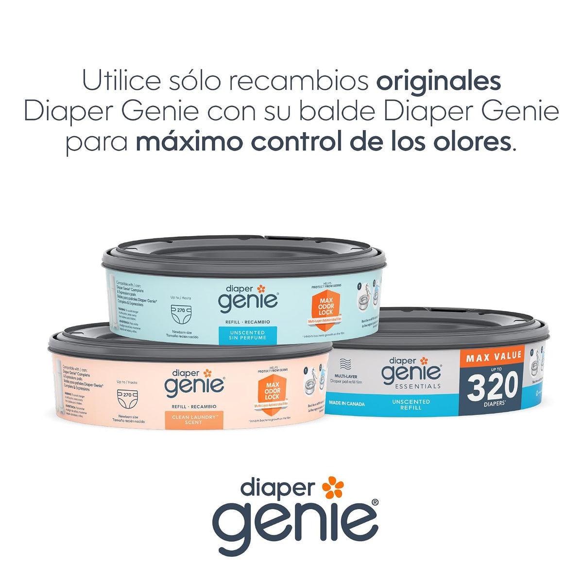 Recambio redondo Diaper Genie Essentials | Paquete de 8 | Capacidad de hasta 2560 pañales tamaño recién nacido