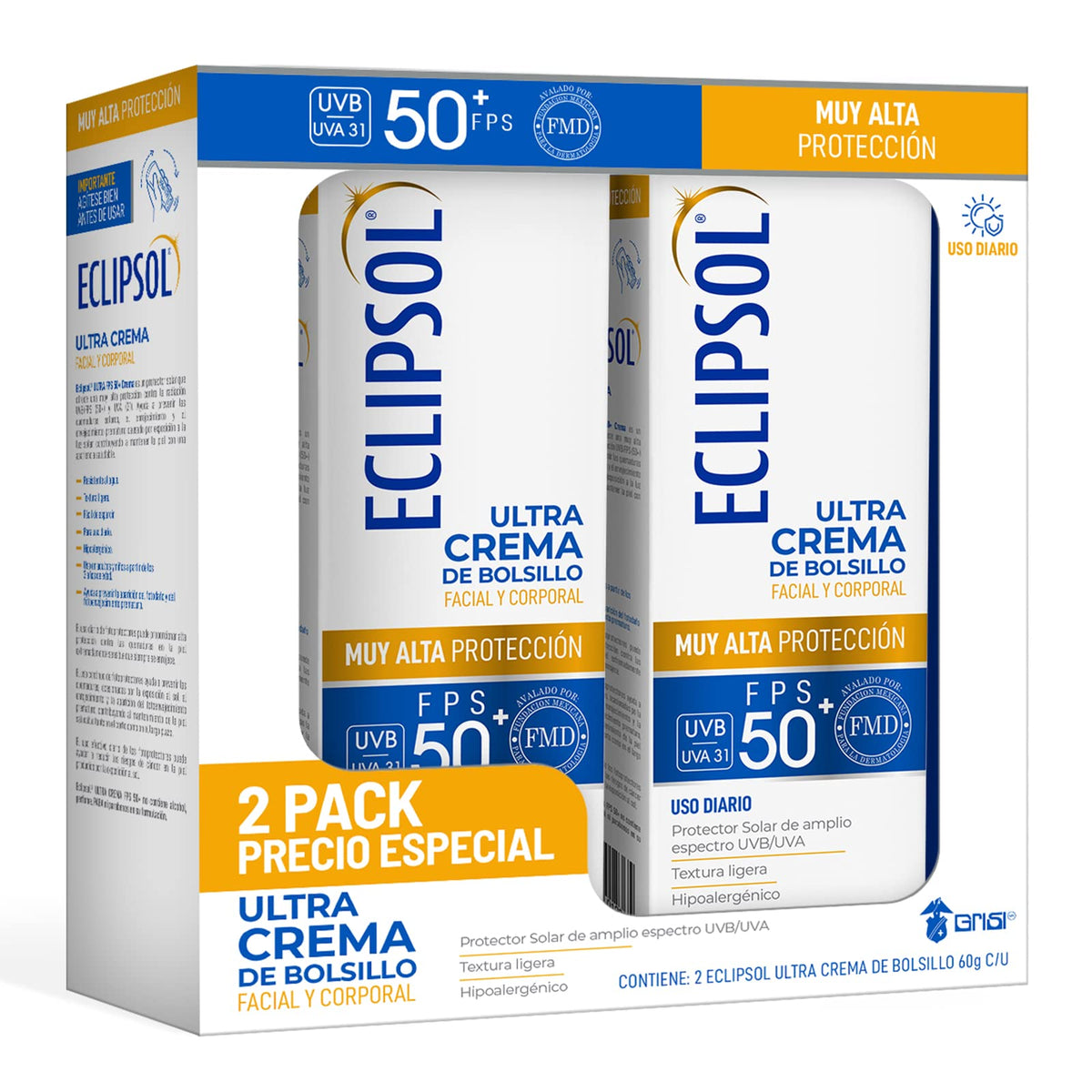 Eclipsol Ultra Crema de Bolsillo FPS50+ Protector Solar Facial 60g - Spf 50 - 60 g (Paquete de 2)