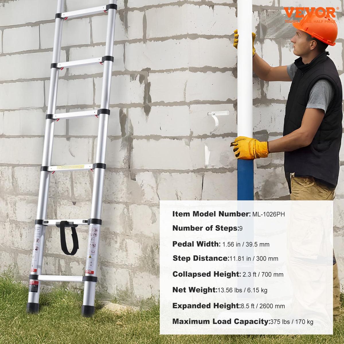 VEVOR Escalera Telescópica, Escalera Extensible Liviana Plegable de Aluminio con Retracción de un Botón, Capacidad de 170 kg con Pies Antideslizantes, para el Hogar, RV, Loft, 457 x 83 x 705 mm