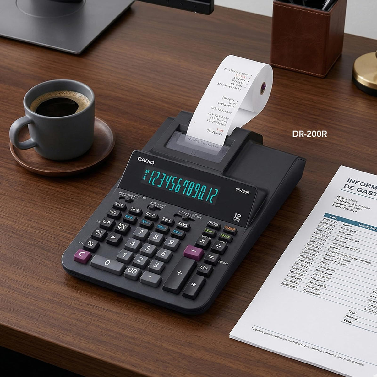Casio Calculadora Impresora DR-200R-BK, Pantalla LCD Grande 12 Dígitos, 2 Colores de Impresión, Diseño Compacto y Práctio
