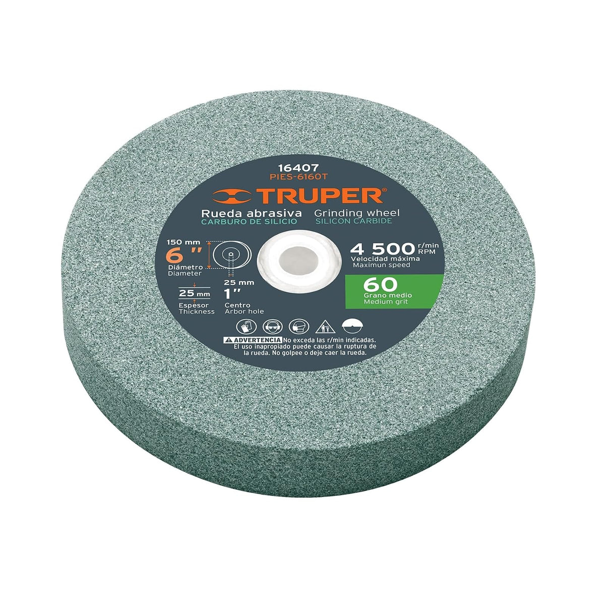 Truper PIES-6160T, Piedra para esmeril, carburo de silicio 6", grano 60, espesor 1", barreno 1" - 25 mm