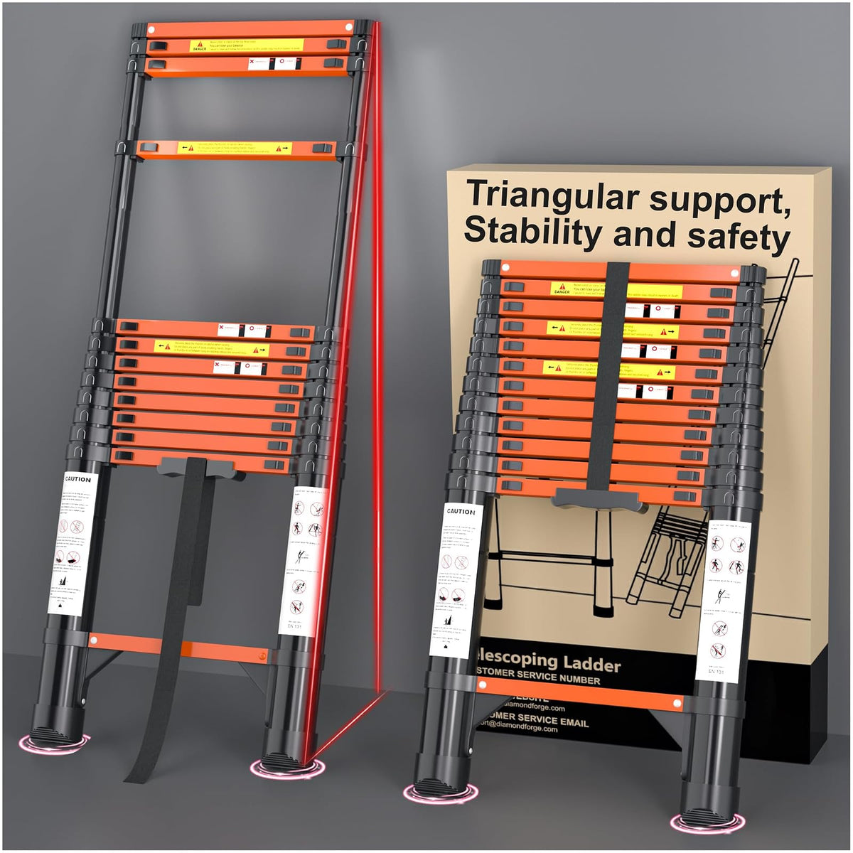 Extensión telescópica telescópica plegable – Telescopio de 12.5 pies Rv plegable extensible alto compacto escaleras de aluminio – para casa techo remolques de viaje ajustable – capacidad de 350 libras - Naranja - 12.5 FT